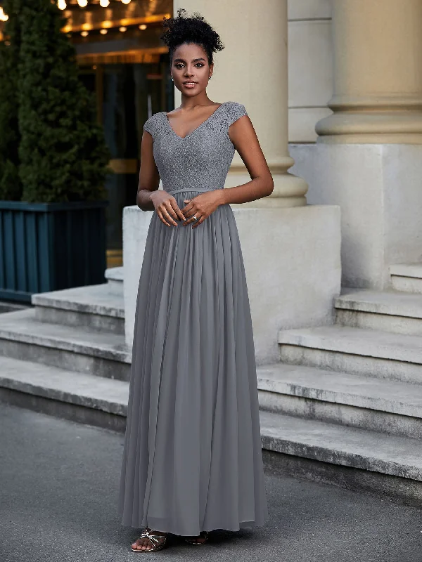 Lace and Chiffon Maxi Dress with Cap Sleeves-Steel Grey Fashionable Sheer Maxi Dress Lace and Chiffon Maxi Dress with Cap Sleeves-Steel Grey Fashionable Sheer Maxi Dress