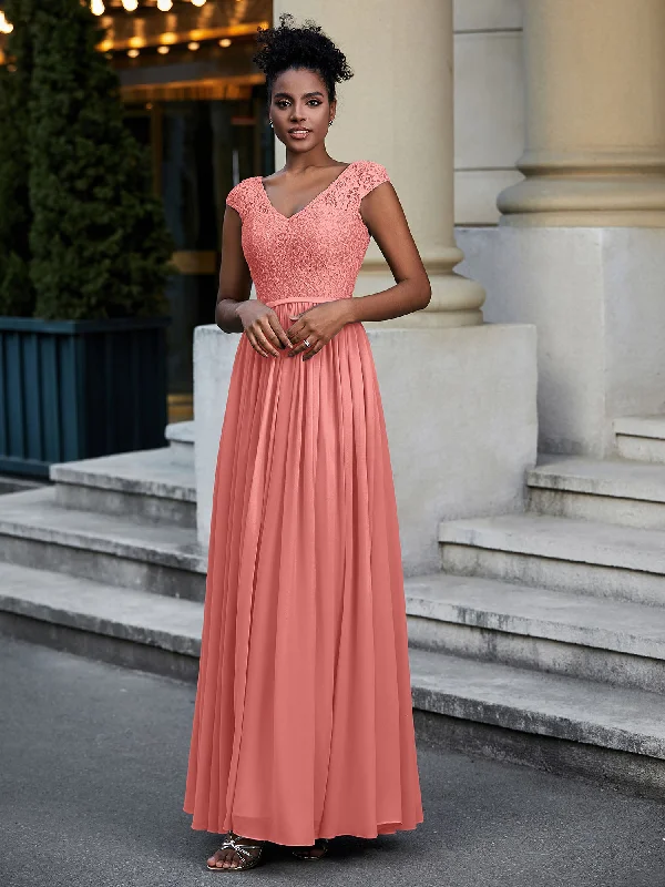 Lace and Chiffon Maxi Dress with Cap Sleeves-Sunset Cozy Maxi Dress with Slit