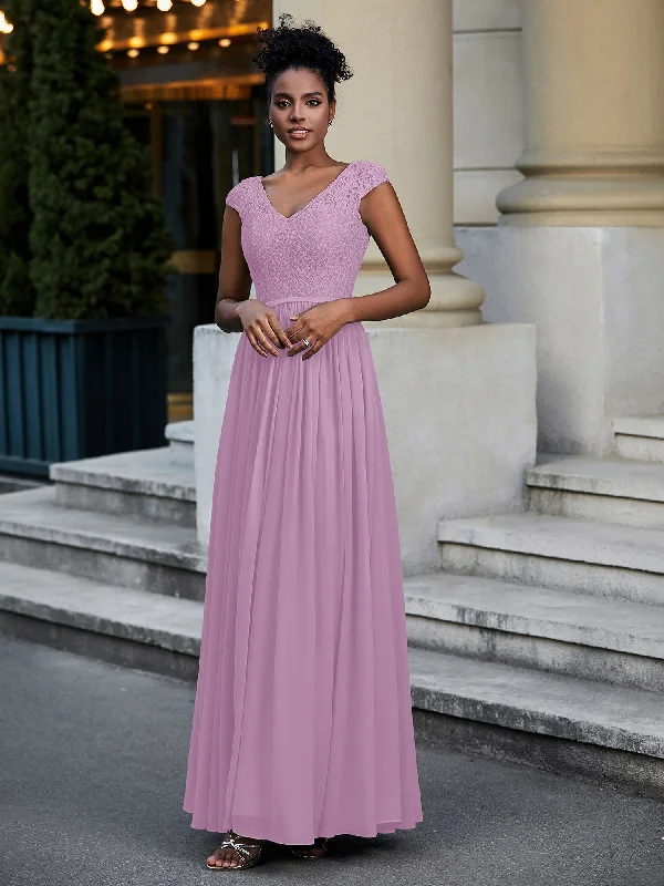 Lace and Chiffon Maxi Dress with Cap Sleeves-Wisteria Stylish Empire Waist Maxi Dress