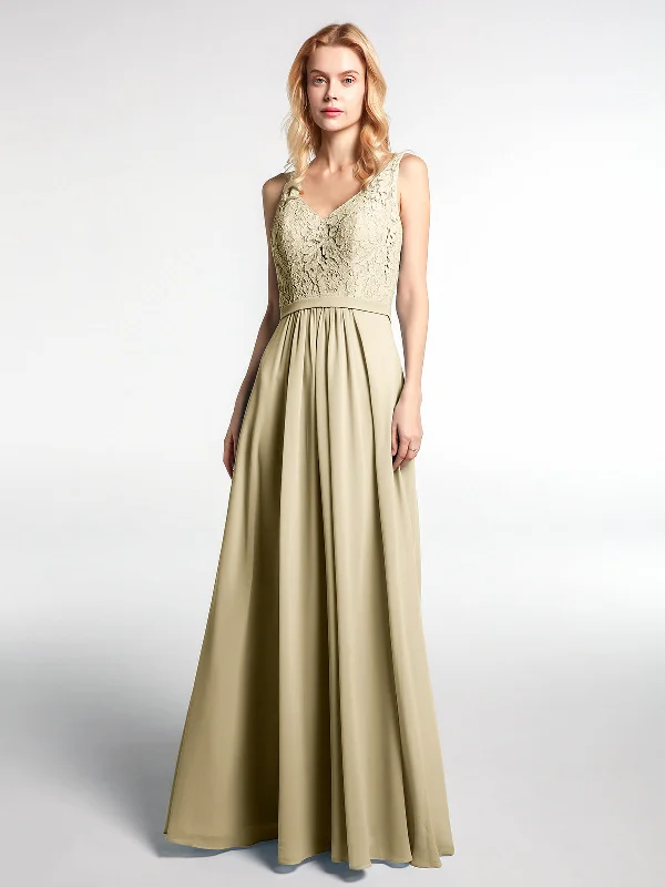 Lace Bodice Chiffon Skirt Maxi Dress with V-neck-Champagne Fashionable Open-Back Maxi Dress Lace Bodice Chiffon Skirt Maxi Dress with V-neck-Champagne Fashionable Open-Back Maxi Dress