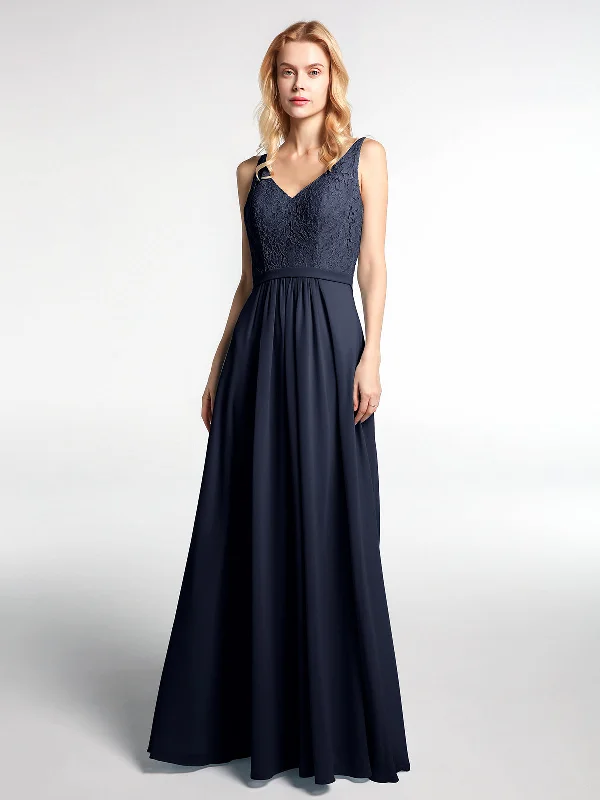 Lace Bodice Chiffon Skirt Maxi Dress with V-neck-Dark Navy Fashionable Faux Wrap Maxi Dress Lace Bodice Chiffon Skirt Maxi Dress with V-neck-Dark Navy Fashionable Faux Wrap Maxi Dress