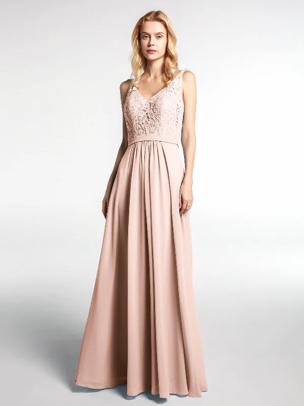 Lace Bodice Chiffon Skirt Maxi Dress with V-neck-Pearl Pink Fashionable Layered Maxi Dress Lace Bodice Chiffon Skirt Maxi Dress with V-neck-Pearl Pink Fashionable Layered Maxi Dress