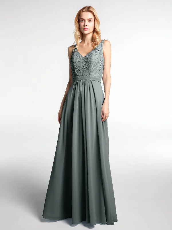 Lace Bodice Chiffon Skirt Maxi Dress with V-neck-Steel Grey Comfortable Bohemian Maxi Dress Lace Bodice Chiffon Skirt Maxi Dress with V-neck-Steel Grey Comfortable Bohemian Maxi Dress