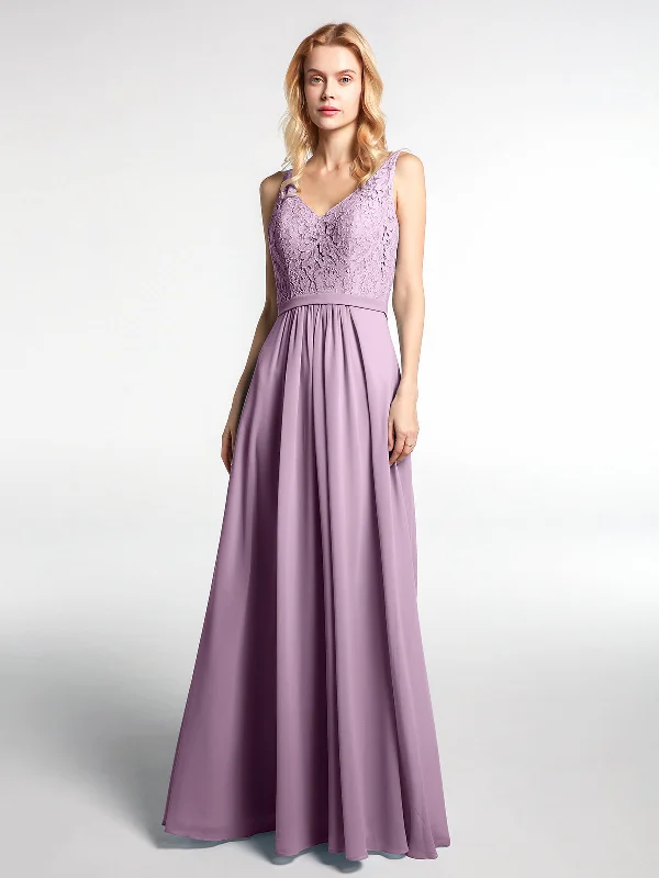 Lace Bodice Chiffon Skirt Maxi Dress with V-neck-Wisteria Trendy Maxi Dress with Bow Lace Bodice Chiffon Skirt Maxi Dress with V-neck-Wisteria Trendy Maxi Dress with Bow