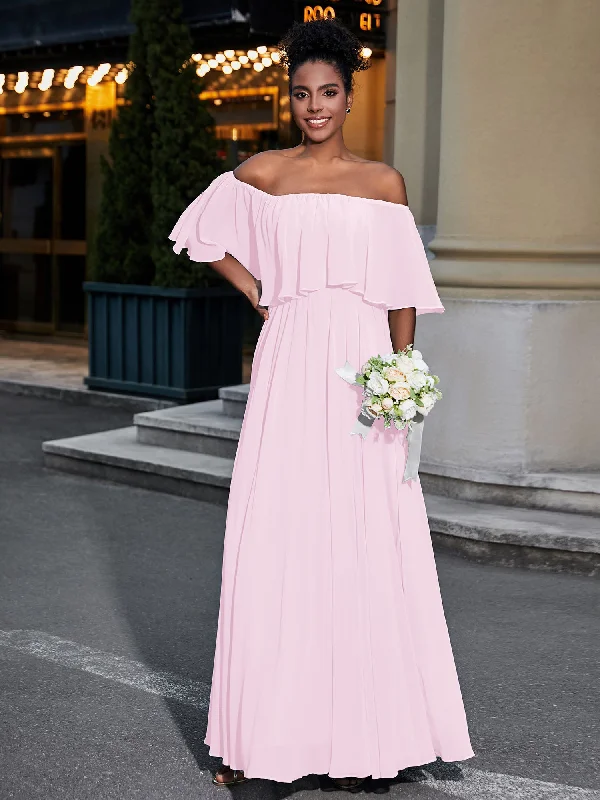 Off the Shoulder Ruffles Chiffon Maxi Dress-Blushing Pink Elegant Pleated Maxi Dress Off the Shoulder Ruffles Chiffon Maxi Dress-Blushing Pink Elegant Pleated Maxi Dress