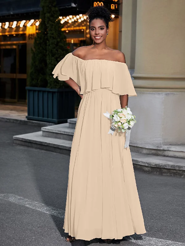 Off the Shoulder Ruffles Chiffon Maxi Dress-Champagne Trendy Fit-and-Flare Maxi Dress Off the Shoulder Ruffles Chiffon Maxi Dress-Champagne Trendy Fit-and-Flare Maxi Dress