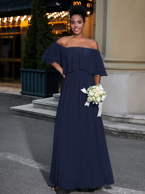 Off the Shoulder Ruffles Chiffon Maxi Dress-Dark Navy Classic Black Maxi Dress