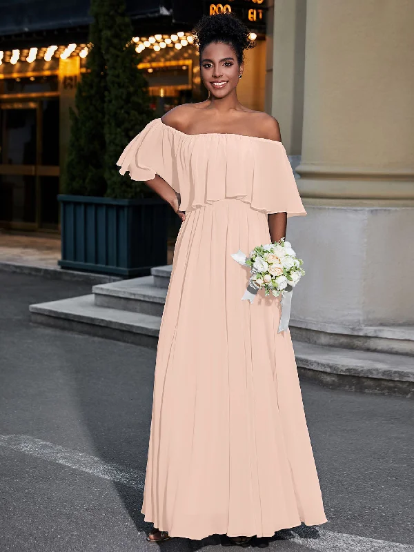 Off the Shoulder Ruffles Chiffon Maxi Dress-Pearl Pink Comfortable Pleated Maxi Dress Off the Shoulder Ruffles Chiffon Maxi Dress-Pearl Pink Comfortable Pleated Maxi Dress
