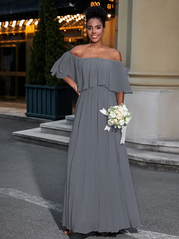 Off the Shoulder Ruffles Chiffon Maxi Dress-Steel Grey Elegant Sleeveless Maxi Dress Off the Shoulder Ruffles Chiffon Maxi Dress-Steel Grey Elegant Sleeveless Maxi Dress