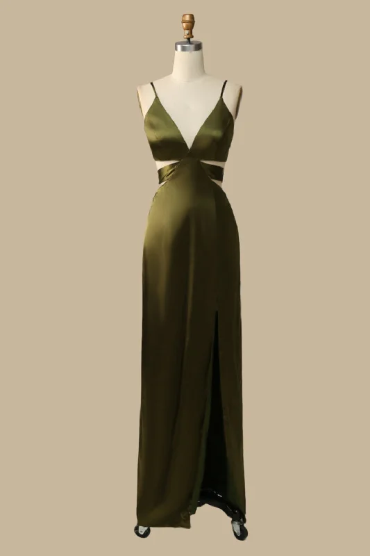 Olive Green V-Neck Cutout Maxi Dress with Spaghetti Straps Fashionable Open-Back Maxi Dress Olive Green V-Neck Cutout Maxi Dress with Spaghetti Straps Fashionable Open-Back Maxi Dress