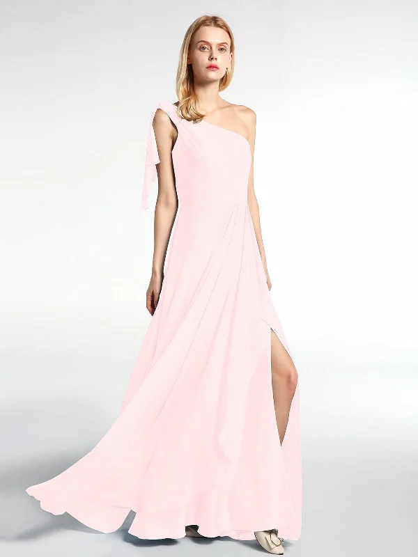 One Shoulder Chiffon Maxi Dress with Cascade-Blushing Pink Cozy Ruffle Sleeve Maxi Dress One Shoulder Chiffon Maxi Dress with Cascade-Blushing Pink Cozy Ruffle Sleeve Maxi Dress