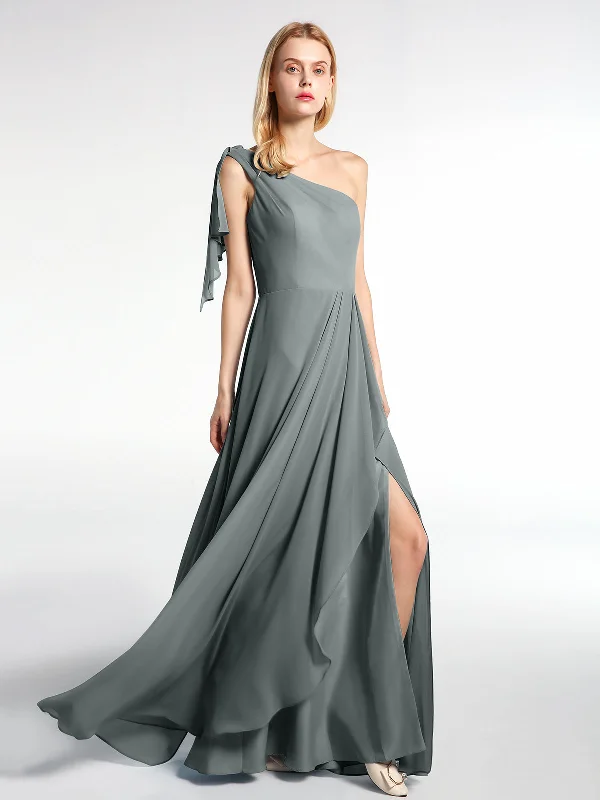 One Shoulder Chiffon Maxi Dress with Cascade-Steel Grey Comfortable Maxi Dress with Belt One Shoulder Chiffon Maxi Dress with Cascade-Steel Grey Comfortable Maxi Dress with Belt
