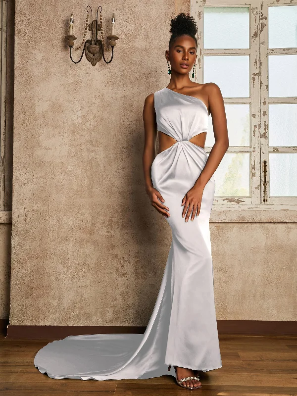 One Shoulder Ruched Waist Cut-Out Maxi Dress Ivory Elegant Maxi Dress with Pockets