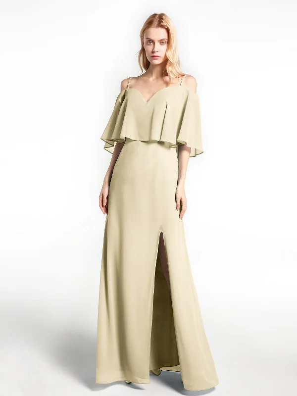 Ruffled Cold Shoulder Maxi Dress with Flounce Overlay Champagne Trendy Maxi Dress with Straps Ruffled Cold Shoulder Maxi Dress with Flounce Overlay Champagne Trendy Maxi Dress with Straps