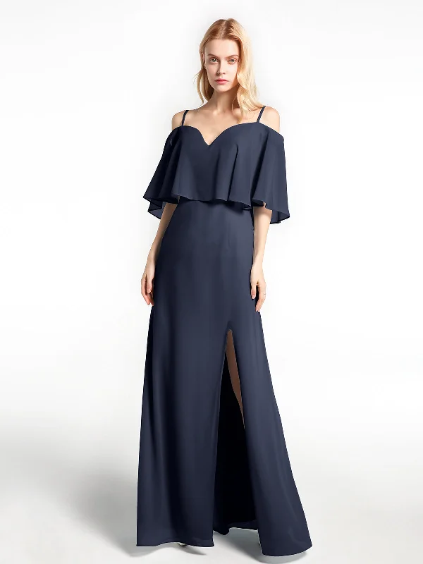 Ruffled Cold Shoulder Maxi Dress with Flounce Overlay Dark Navy Fashionable Layered Maxi Dress Ruffled Cold Shoulder Maxi Dress with Flounce Overlay Dark Navy Fashionable Layered Maxi Dress