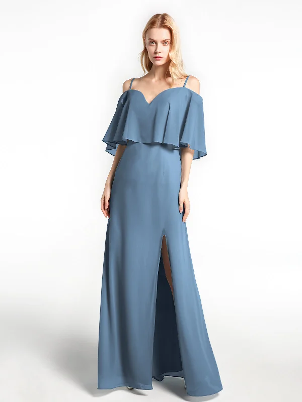 Ruffled Cold Shoulder Maxi Dress with Flounce Overlay Slate Blue Elegant Pleated Maxi Dress Ruffled Cold Shoulder Maxi Dress with Flounce Overlay Slate Blue Elegant Pleated Maxi Dress
