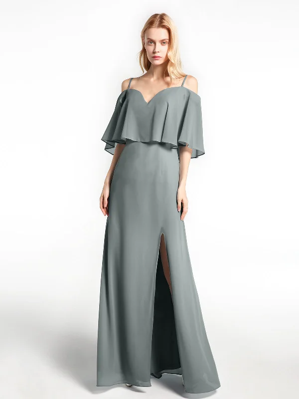 Ruffled Cold Shoulder Maxi Dress with Flounce Overlay Steel Grey Trendy Ruffled Maxi Dress Ruffled Cold Shoulder Maxi Dress with Flounce Overlay Steel Grey Trendy Ruffled Maxi Dress