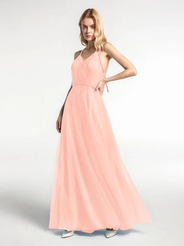 Twist Straps Tulle Maxi Dress with V Neckline Coral Stylish V-Neck Maxi Dress