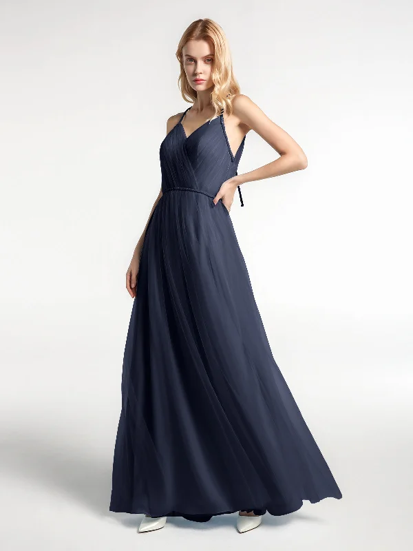 Twist Straps Tulle Maxi Dress with V Neckline Dark Navy Comfortable Ruffle Hem Maxi Dress Twist Straps Tulle Maxi Dress with V Neckline Dark Navy Comfortable Ruffle Hem Maxi Dress