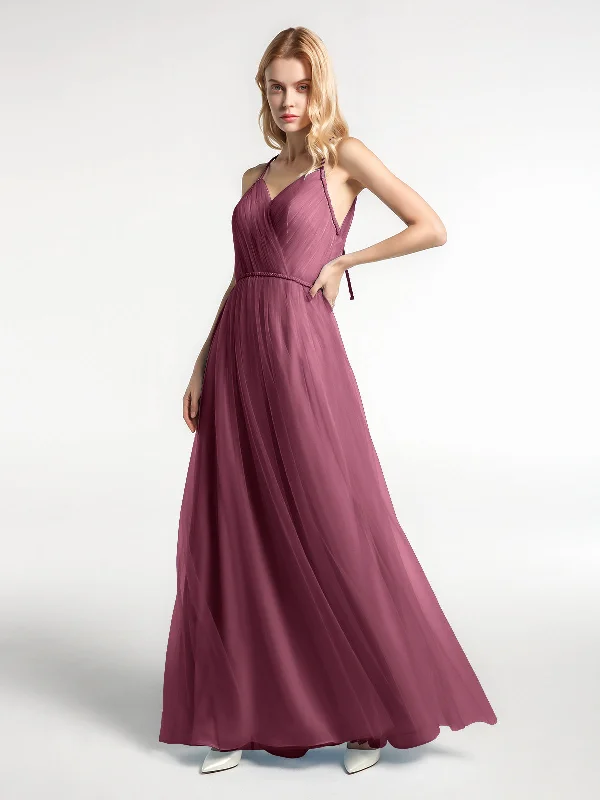 Twist Straps Tulle Maxi Dress with V Neckline Mulberry Fashionable Sheer Maxi Dress