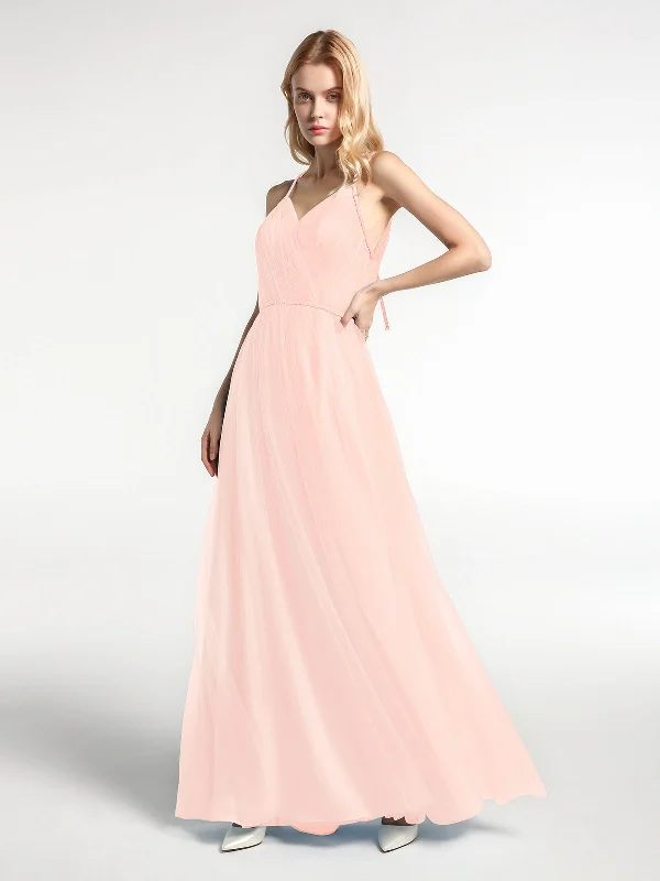 Twist Straps Tulle Maxi Dress with V Neckline Pearl Pink Fashionable Halter Neck Maxi Dress Twist Straps Tulle Maxi Dress with V Neckline Pearl Pink Fashionable Halter Neck Maxi Dress
