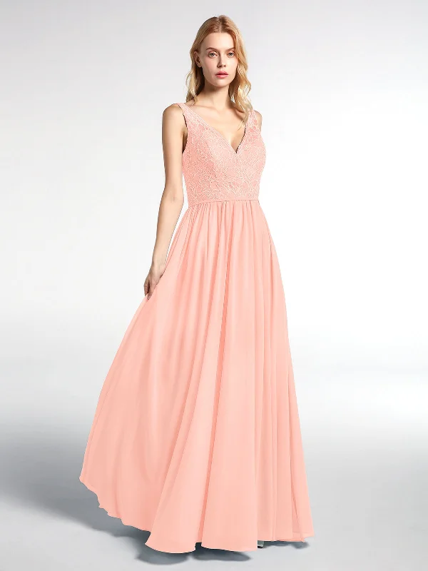 V-neck Lace Top Chiffon Skirt Maxi Dress-Coral Stylish Maxi Dress with Pleats