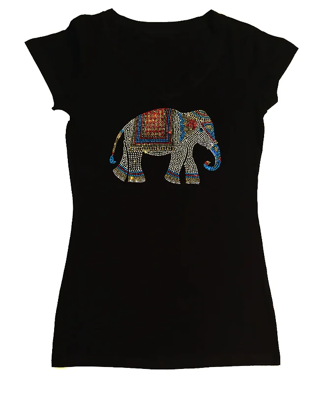 Women's Rhinestone Fitted Tight Snug Shirt Colorful Indian Elephant Graphic Embroidered Appliqued Women's Rhinestone Fitted Tight Snug Shirt Colorful Indian Elephant Graphic Embroidered Appliqued