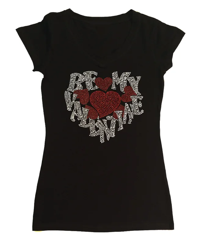 Womens T-shirt with Be My Valentine with Red Hearts in Rhinestones Collared T-Shirt Boat Neck A-Line Womens T-shirt with Be My Valentine with Red Hearts in Rhinestones Collared T-Shirt Boat Neck A-Line