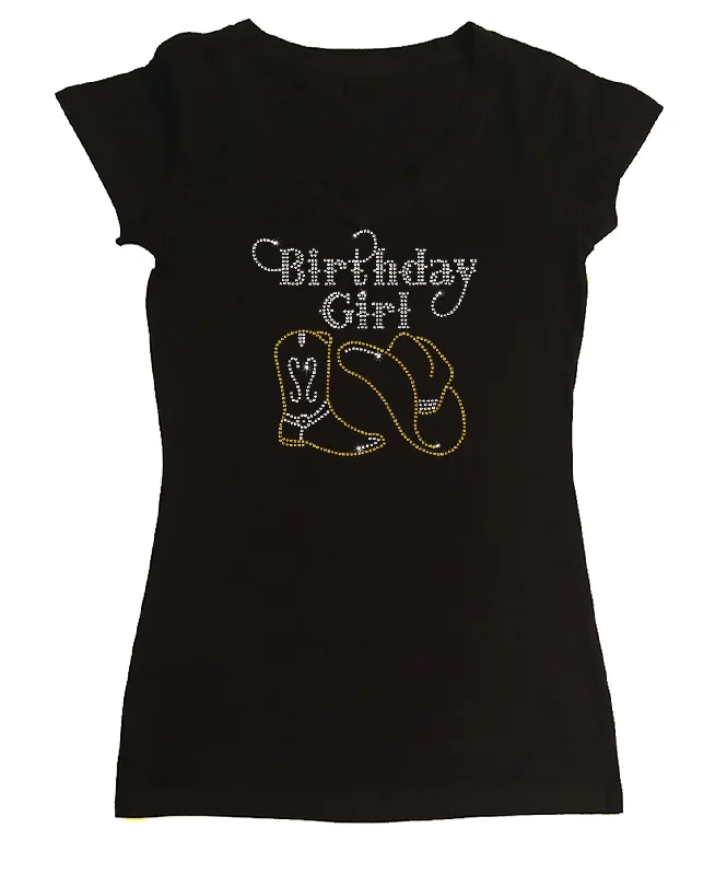 Womens T-shirt with Birthday Girl Western in Rhinestones Cashmere Blend Cotton Blend Poly Blend Womens T-shirt with Birthday Girl Western in Rhinestones Cashmere Blend Cotton Blend Poly Blend