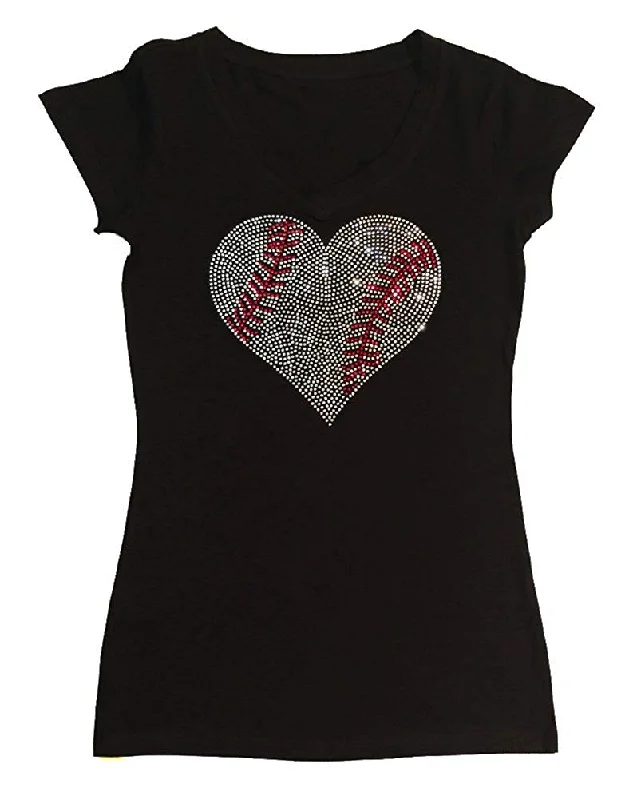 Womens T-shirt with Crystal Baseball Heart in Rhinestones Basic T-Shirt Crew Neck Short Sleeve Womens T-shirt with Crystal Baseball Heart in Rhinestones Basic T-Shirt Crew Neck Short Sleeve