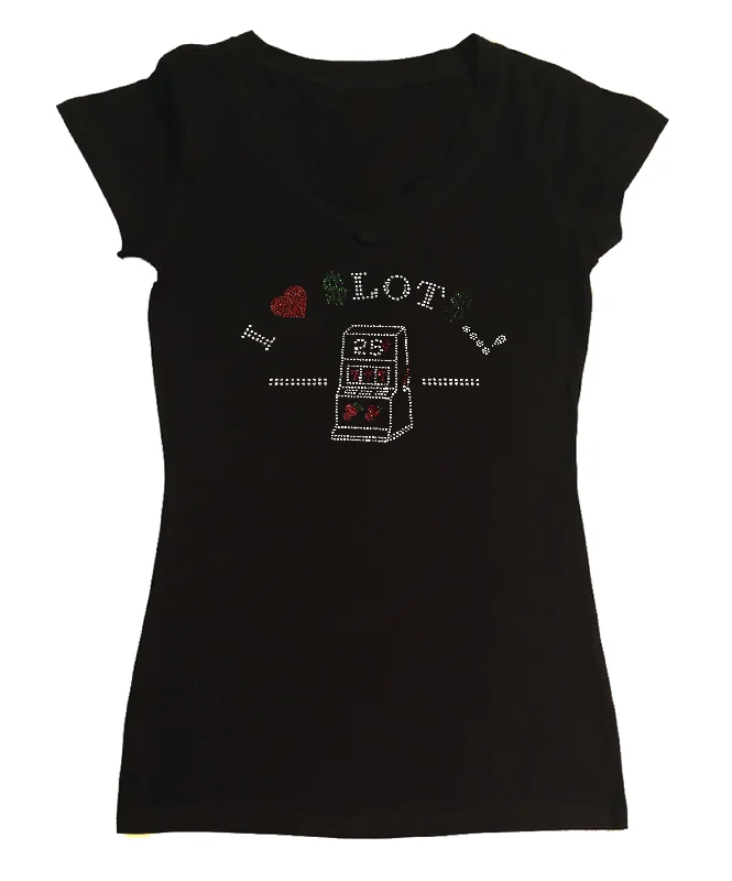 Womens T-shirt with I Love Slot Machines in Rhinestones Notch Collar Peter Pan Collar Cowl Neck Womens T-shirt with I Love Slot Machines in Rhinestones Notch Collar Peter Pan Collar Cowl Neck
