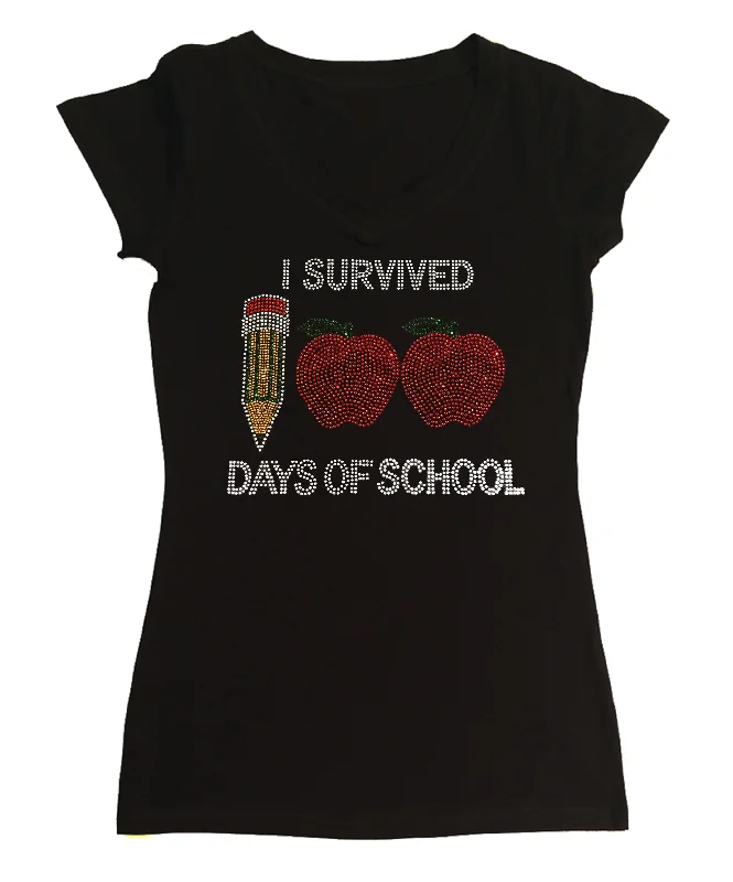 Womens T-shirt with I Survived 100 Days of School in Rhinestones Knit Fabric Woven Fabric Fleece Fabric Womens T-shirt with I Survived 100 Days of School in Rhinestones Knit Fabric Woven Fabric Fleece Fabric