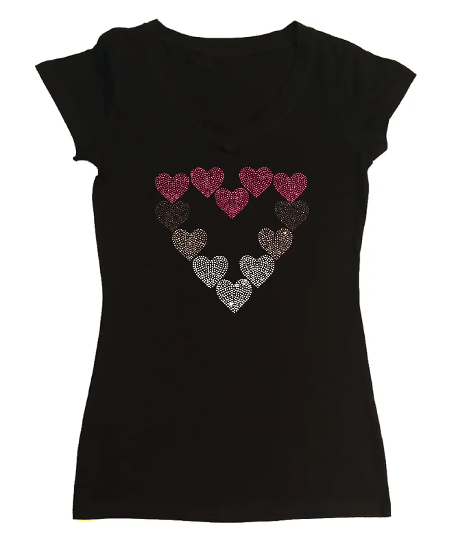 Womens T-shirt with Pink, Purple & Crystal Hearts in Rhinestones Rayon Velvet Corduroy Womens T-shirt with Pink, Purple & Crystal Hearts in Rhinestones Rayon Velvet Corduroy