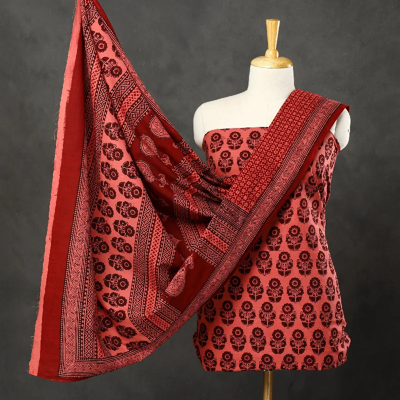 Red - 3pc Bagh Print Cotton Dress Material Set 85