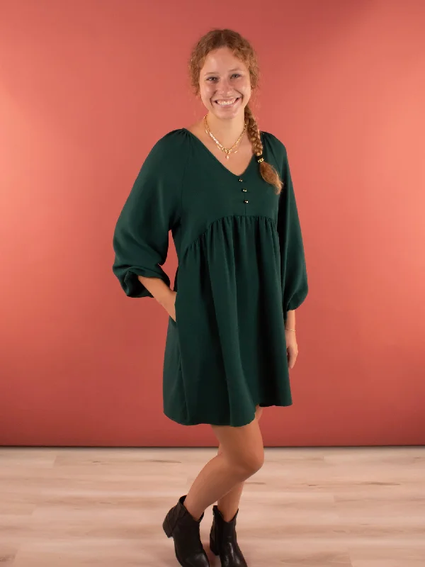 Bonnie Bubble Sleeve Peplum Dress in Hunter Green