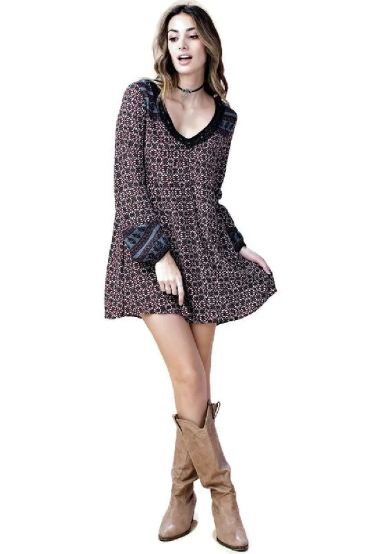 Border Print Swing Dress, Maroon