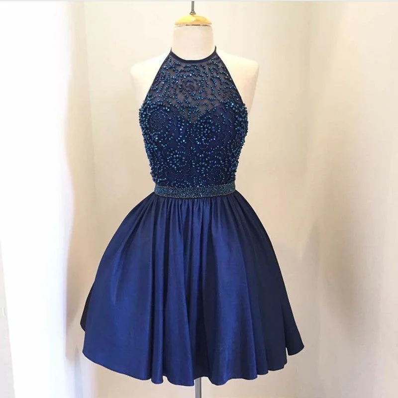 Chic Beaded Halter Short Satin Prom Homecoming Dresses