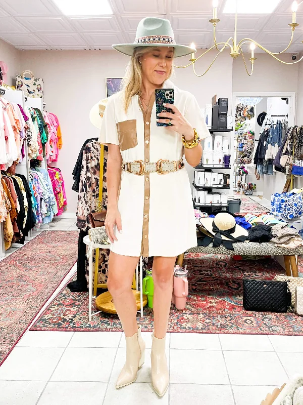 Cream and Tan Leather Detail Button Up Dress