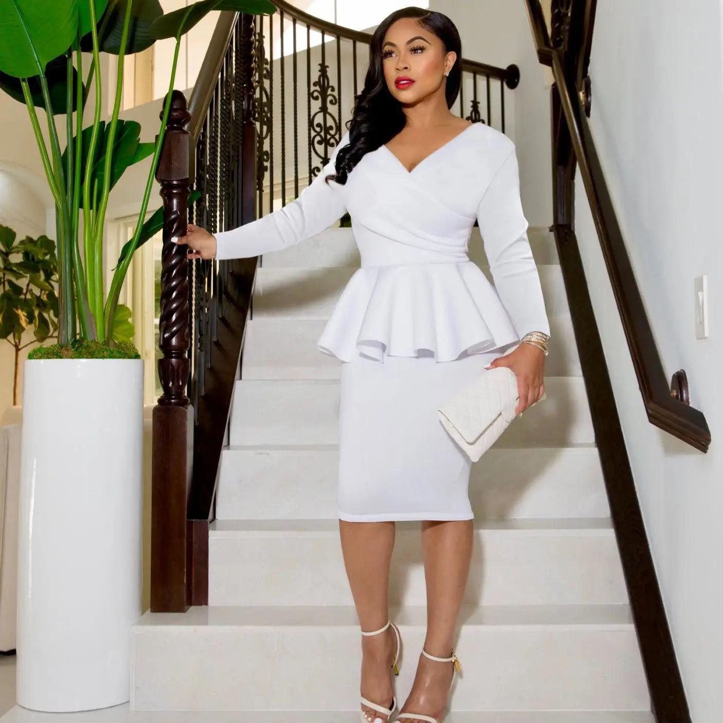 Sophisticated V-Neck Peplum Dress: Chic Autumn Office Attire