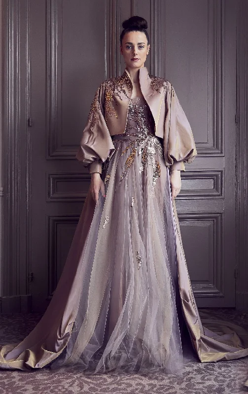 Embellished bodice flowy dress with taffeta cape