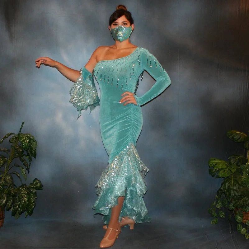Aqua Latin-Rhythm Dress with Flounces, Aqua Swarovski Rhinestones & Hand Beading-Evita