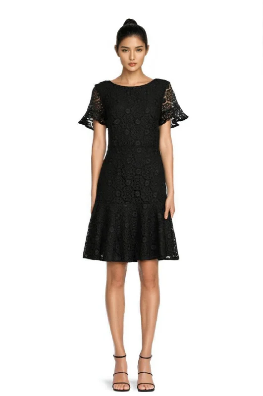 FOCUS by Shani — Embroidered Lace Fit & Flare Dress in Black