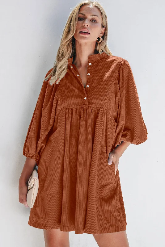 Blue Zone Planet |  Gold Flame Corduroy Snap Buttons Empire Waist Bracelet Sleeve Dress