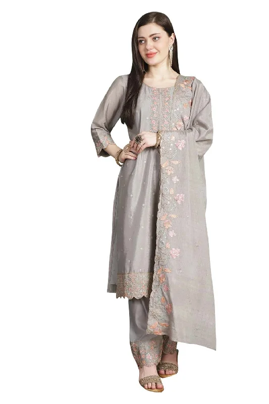 Grey Chinon Chiffon Embroidered Dress Material