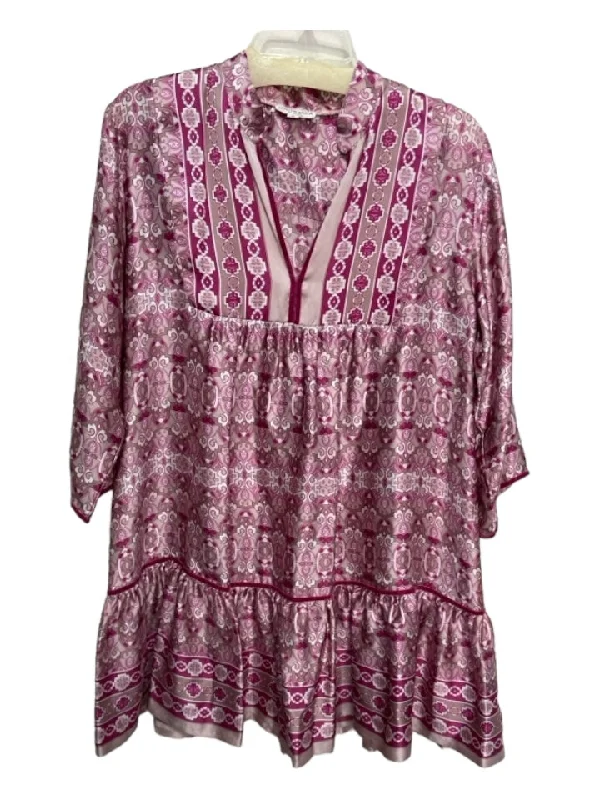 Lolita Jaca Size M Purple & Gray Silk All Over Print Round Split Neck Dress