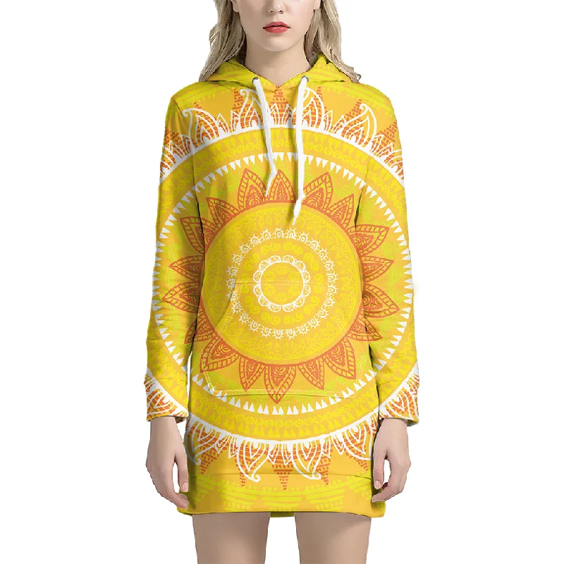 Mandala Sun Print Pullover Hoodie Dress
