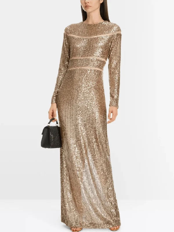 Marc Cain Glam Long Sequin Dress In Shiny Sand XG 21.14 W14 COL 625