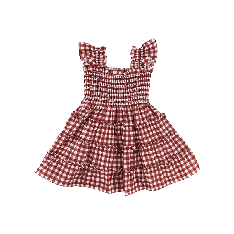 Maroon Toddler Smocked Checkered Dress