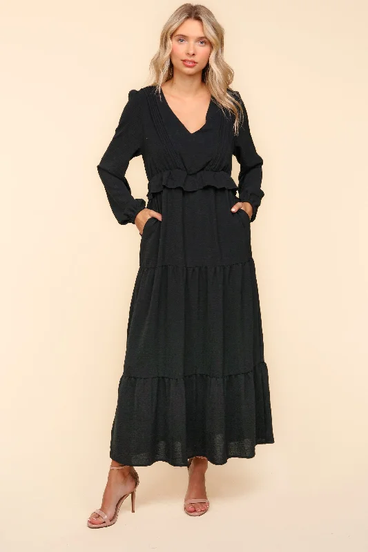 Plus Black V Neck Pintuck Detail Solid Woven Dress