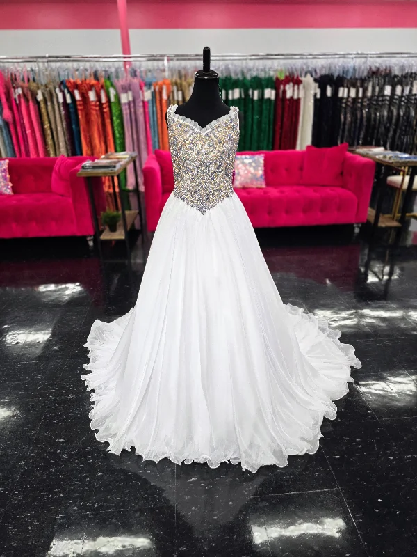 Samantha Blake 1127 Size 12 White Chiffon A Line Pageant Dress Crystal Bodice Ruffle neckline